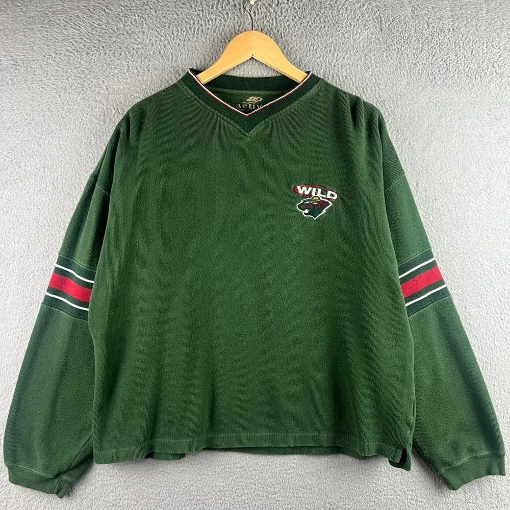 Vintage Mens Minnesota Wild NHL Sweatshirt Green V-Neck L